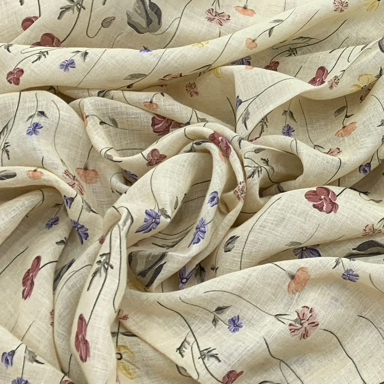 Beige Flower Design Linen Printed Fabric