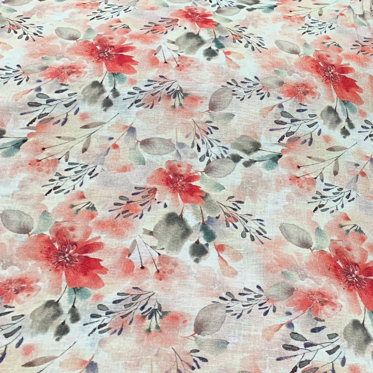 Off White Flower Design Linen Printed Fabric