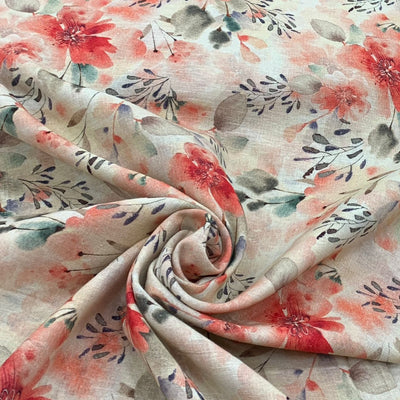Off White Flower Design Linen Printed Fabric