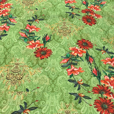 Lime Green Flower Design Linen Printed Fabric