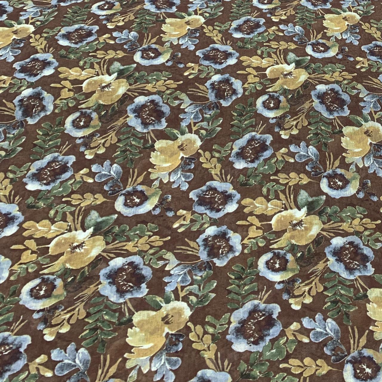 Brown Flower Design Linen Printed Fabric