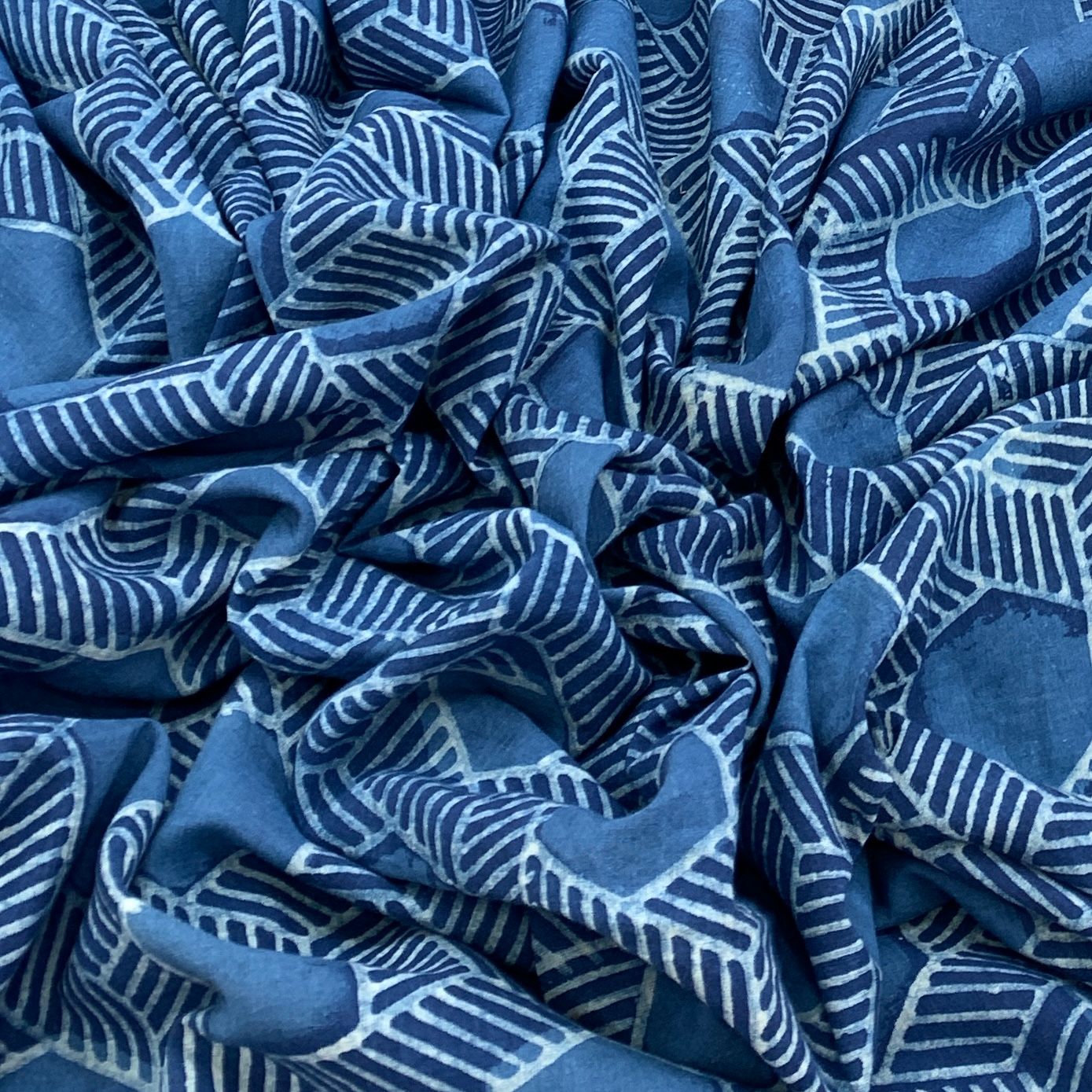 Blue Indigo Geometrical Design Cotton Printed Fabric